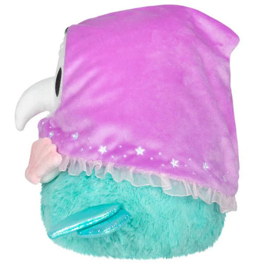 Side profile of Mini Squishable Mermaid Plague Nurse plush featuring long beak, starry cape, and shiny fin.