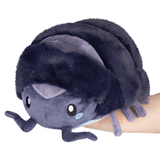Mini Squishable Pillbug Rollie Pollie plush toy in open shape, dark grey with soft segmented back.