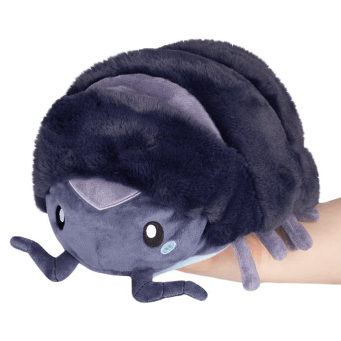 Mini Squishable Pillbug Rollie Pollie plush toy in open shape, dark grey with soft segmented back.