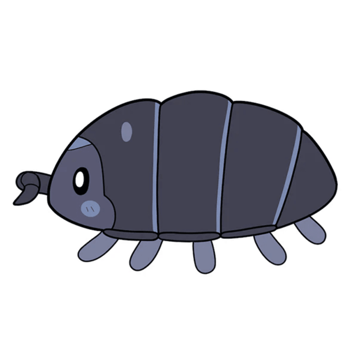 Cartoon illustration of the Mini Squishable Pillbug Rollie Pollie character in dark grey.