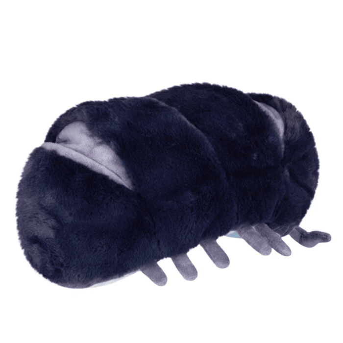 Side view of Mini Squishable Pillbug Rollie Pollie plush toy, curled with little legs visible.