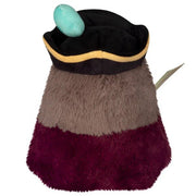 Back of Mini Squishable Pirate Plague Doctor showing fuzzy cape, black hat, and parrot tail.