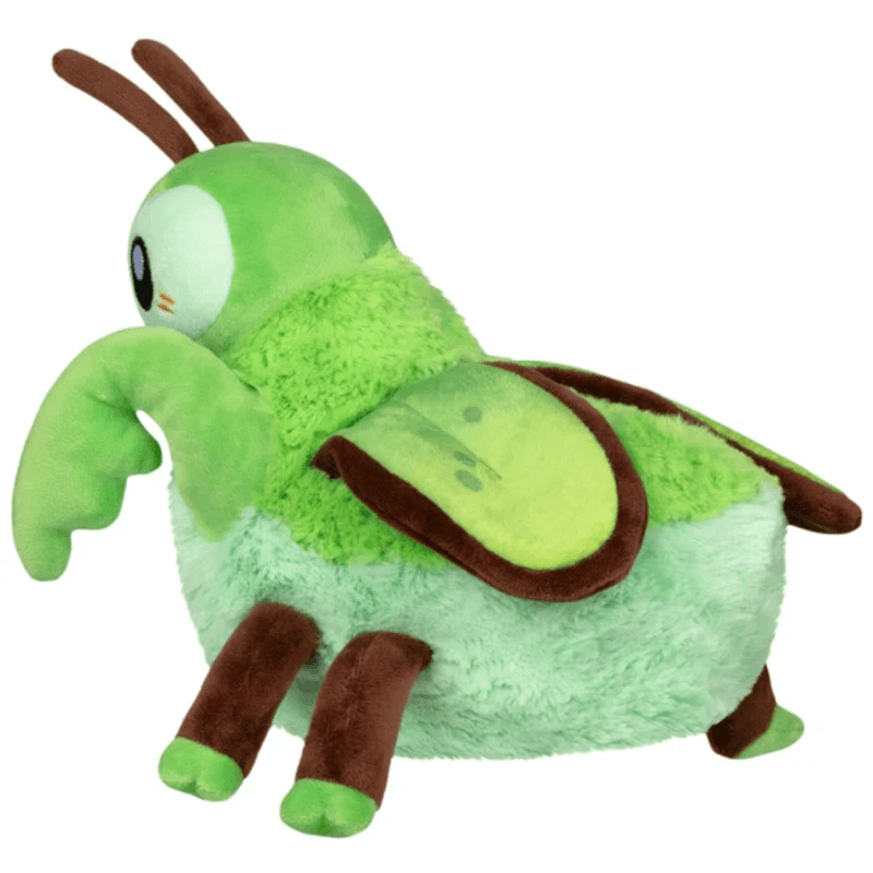 Side view of Mini Squishable Praying Mantis plush showing its folded front legs, green wings and six legs