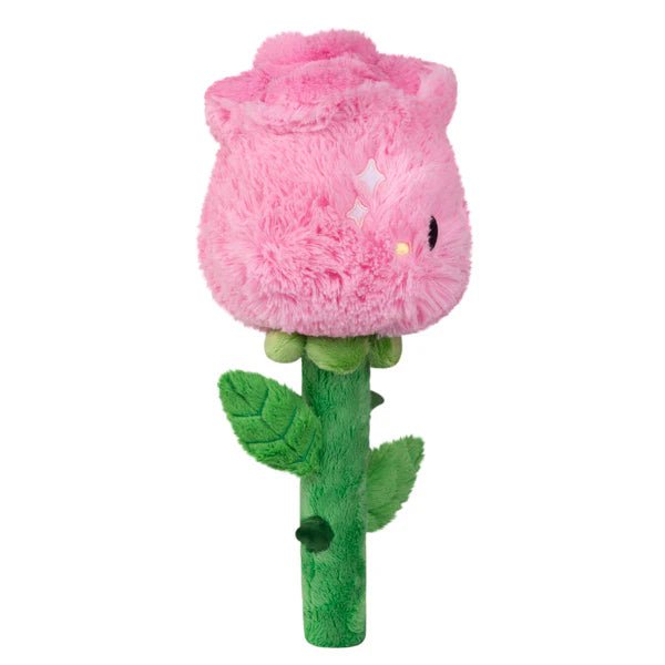 Side view of Mini Squishable Rose plush showing pink rosebud and green stem with leaves