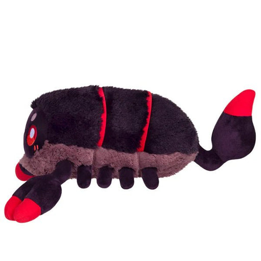 Side view of Mini Squishable Scorpion plush toy with red claws, multiple legs and curved stinger tail.