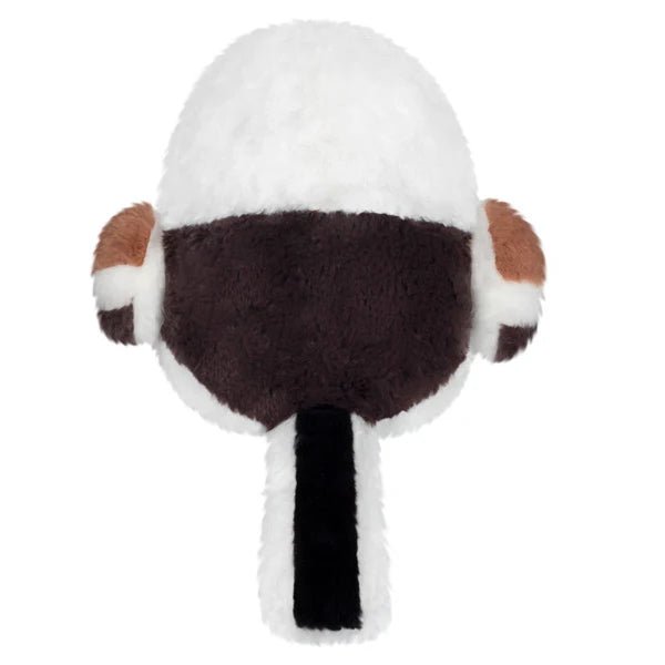 Back view of Mini Squishable Snow Fairy Bird plush toy showing dark brown back and long tail.