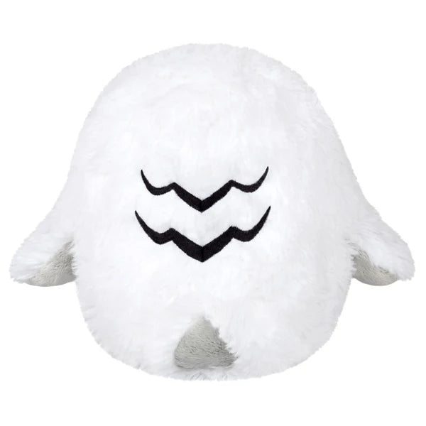 Back view of Mini Squishable Snowy Owl plush showing soft white fur and stitched feather markings.