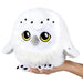 Mini Squishable Snowy Owl plush toy, fluffy white owl with bright yellow eyes and speckled details, held in hand.