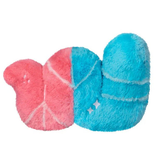 Side view of Mini Squishable Sour Gummy Worm plush showing two-tone blue and pink body