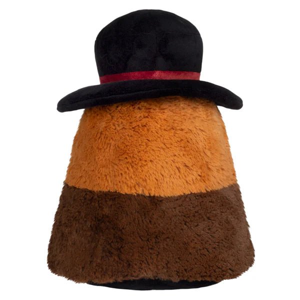Rear view of the Steampunk Plague Doctor plush toy showing black hat and two-tone fur.