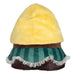 Back view of Mini Squishable Steampunk Plague Nurse showing yellow hood and frilly green-striped skirt.