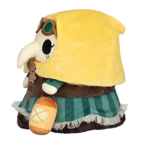 Side profile of Mini Squishable Steampunk Plague Nurse holding lantern, wearing striped dress and hood.