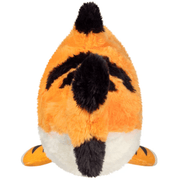 Back view of the Mini Squishable Tiger Shark plush toy showing black stripes, fins and tail
