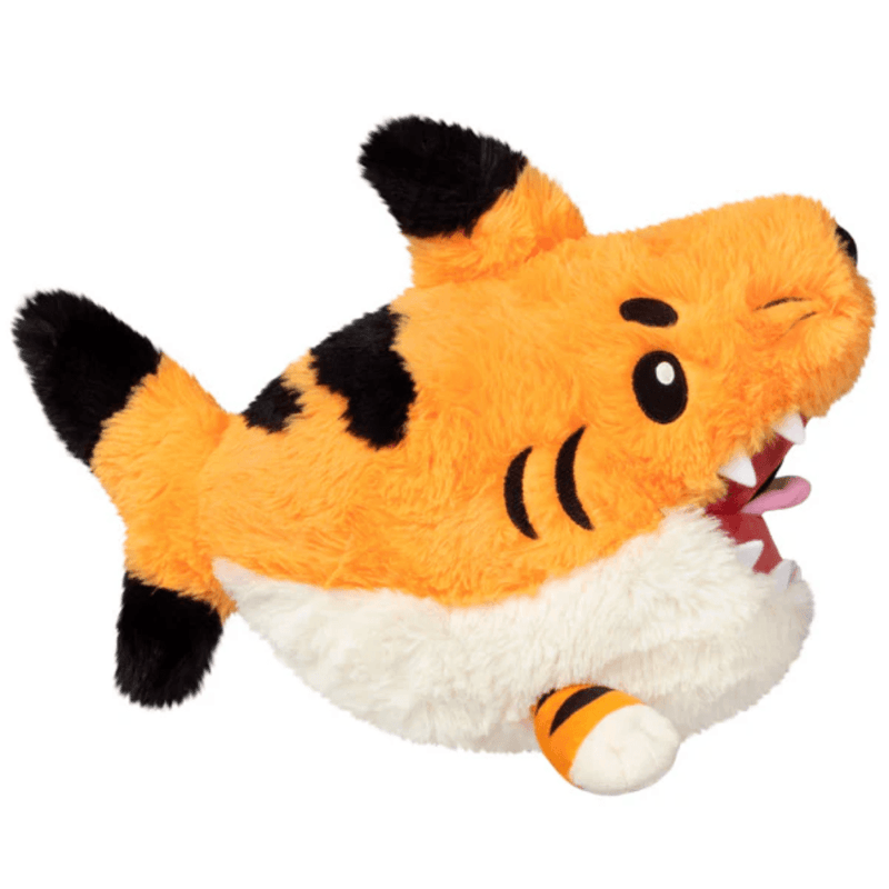 Side view of the Mini Squishable Tiger Shark soft toy showing orange body, black tiger stripes and shark fins