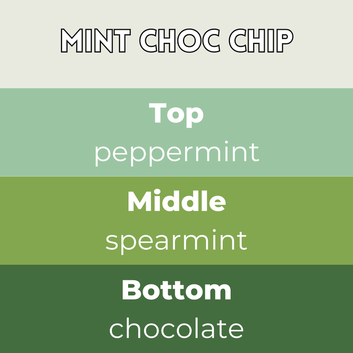 Mint Choc Chip wax melts scent notes card — Top peppermint, Middle spearmint, Base chocolate in green tones