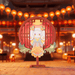 EMMA Lantern Festival Fireworks figure with round red lantern frame and peony base, night market backdrop.