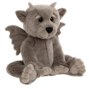 Angled view of Moat grey dragon plush from Bearhouse by Charlie Bears on a white background, showing face, horns and wings
