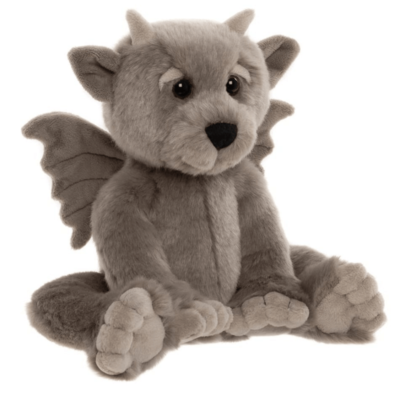 Angled view of Moat grey dragon plush from Bearhouse by Charlie Bears on a white background, showing face, horns and wings