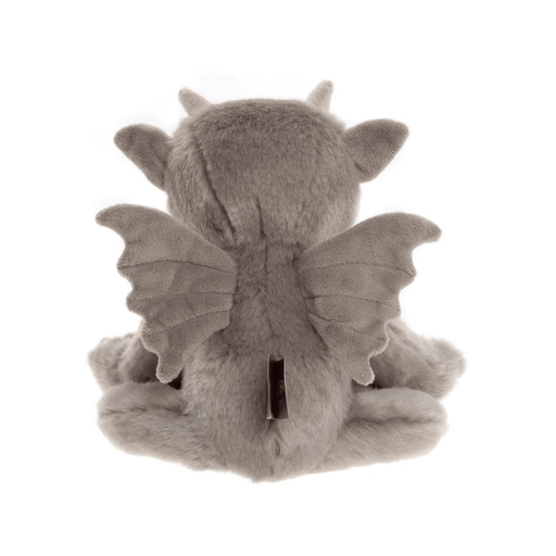Back view of Moat grey dragon plush from Bearhouse by Charlie Bears on a white background, showing bat-style wings and plush tail