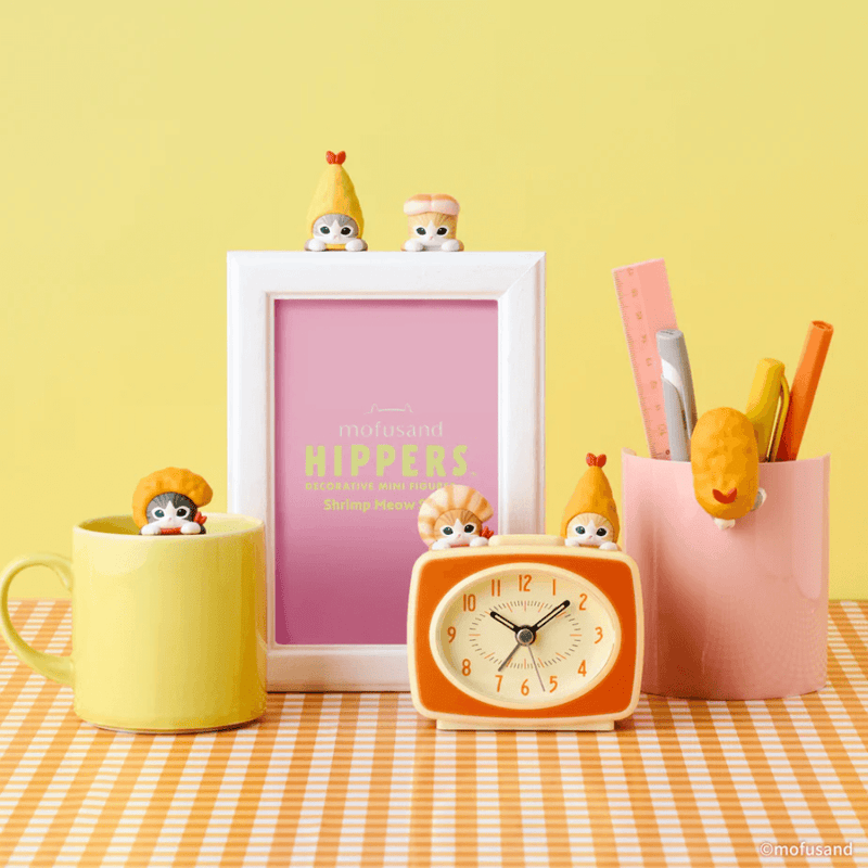 Shrimp Meow HIPPERS figures displayed on a mug, frame, clock and desk pot