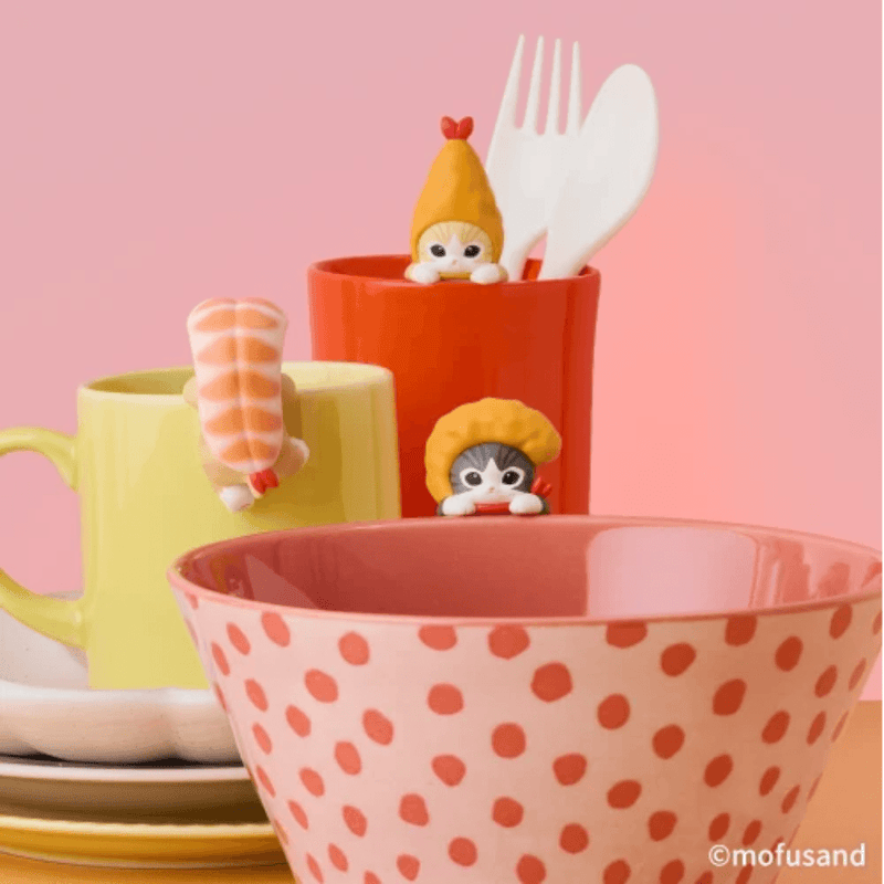 Shrimp Meow HIPPERS figures displayed around a mug and bowl