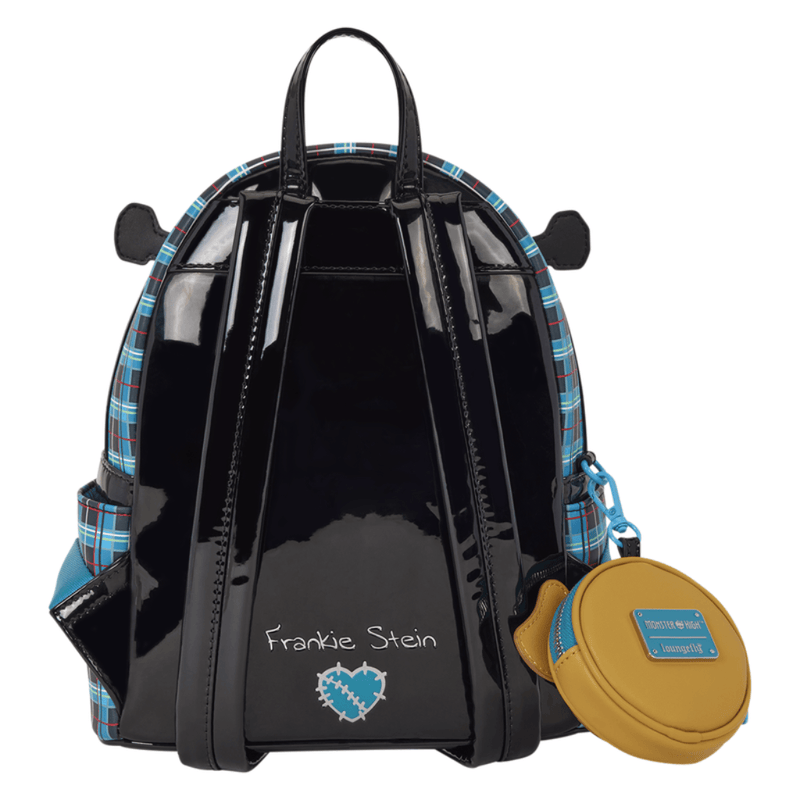 Rear of Loungefly Monster High Frankie Stein Mini Backpack with adjustable straps and Frankie Stein artwork