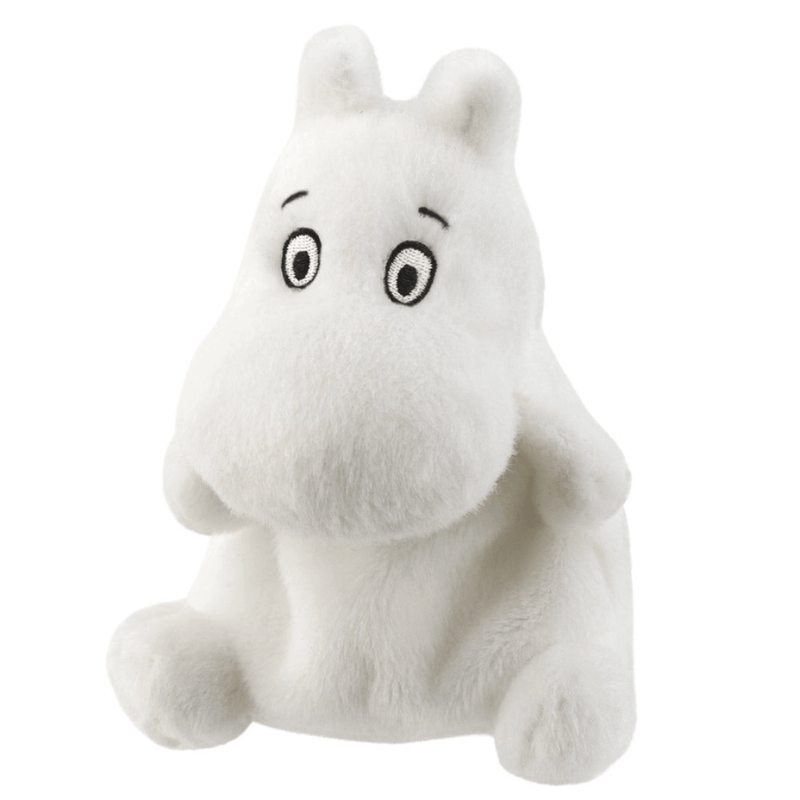 Angled view of Moomin Palm Pals 13cm plush toy