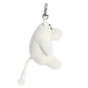 Side view of Moomin Palm Pals white plush keyring with metal clip