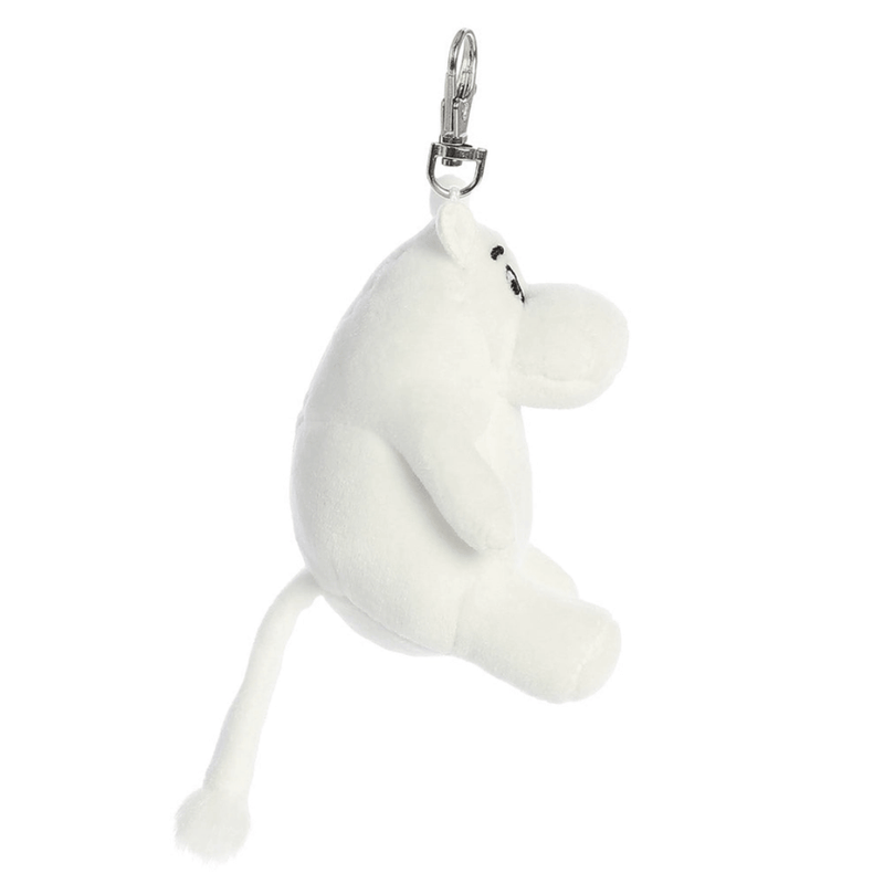 Side view of Moomin Palm Pals white plush keyring with metal clip