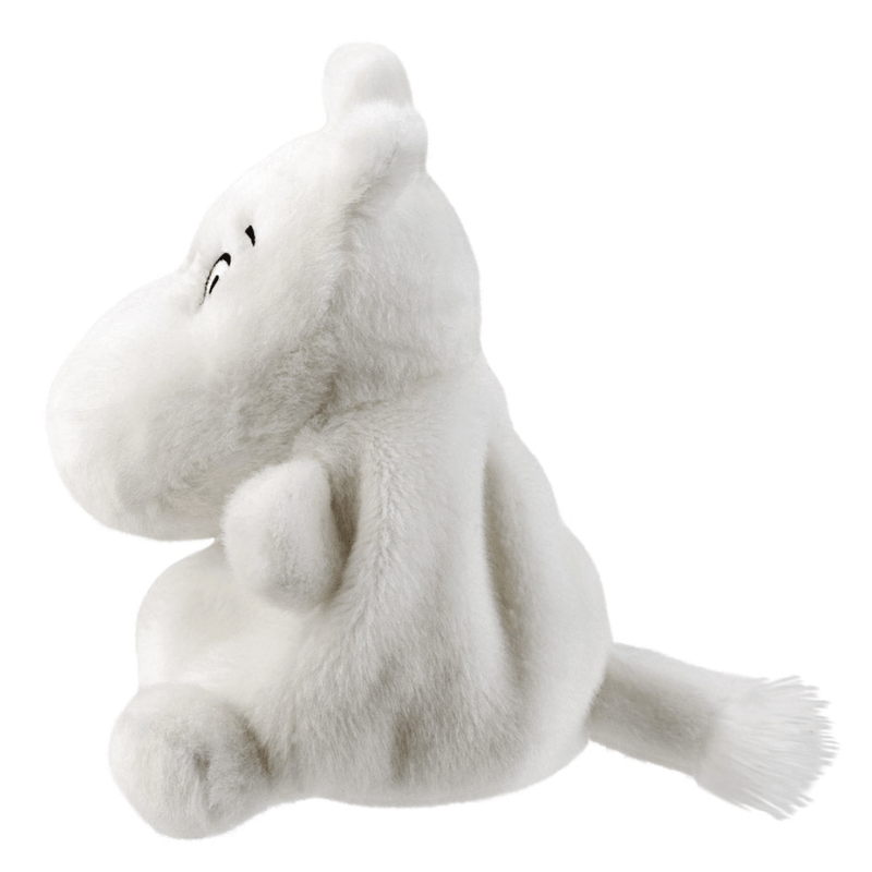 Side view of Moomin Palm Pals 13cm white soft toy