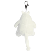 Back view of Moomin plush keyring with metal clip and white tail