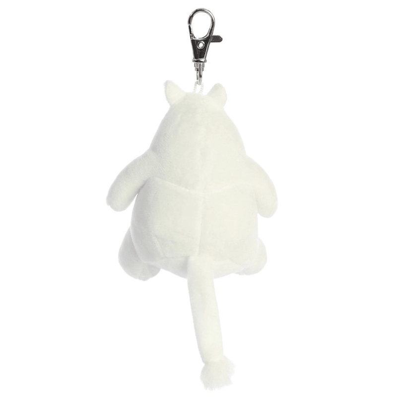 Back view of Moomin plush keyring with metal clip and white tail