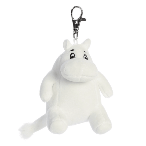Angled view of Moomin white plush keyring with metal key clip