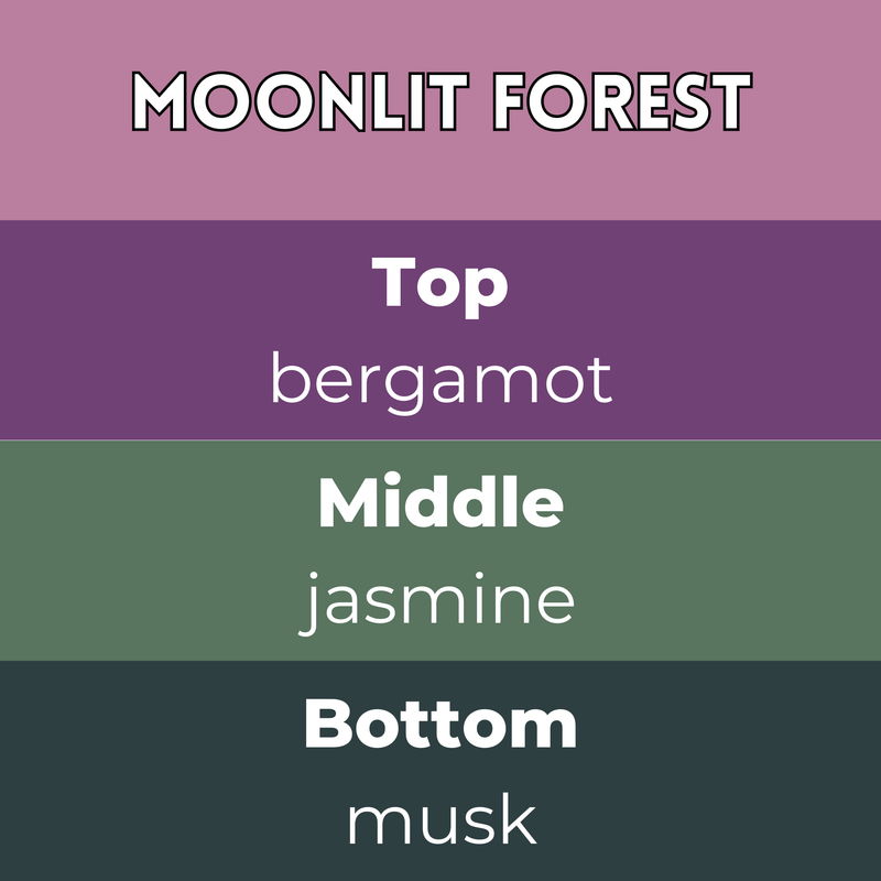 Moonlit Forest wax melts scent notes card — Top bergamot, Middle jasmine, Base musk in dusky purple and green bands