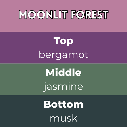 Moonlit Forest wax melts scent notes card — Top bergamot, Middle jasmine, Base musk in dusky purple and green bands