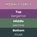 Moonlit Forest wax melts scent notes card — Top bergamot, Middle jasmine, Base musk in dusky purple and green bands