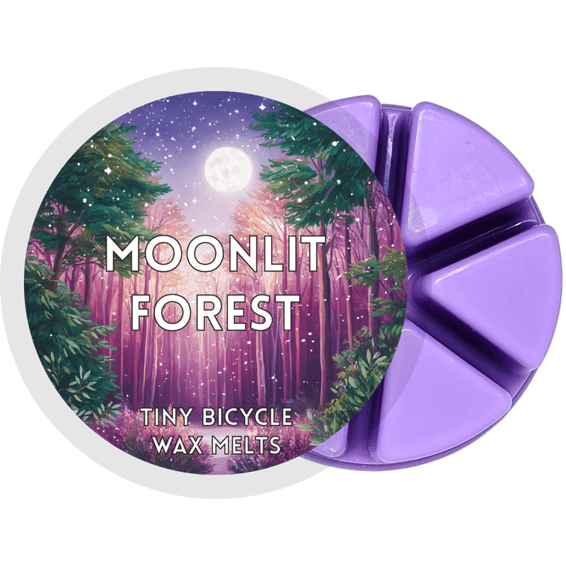 Moonlit Forest wax melt pot with six purple segments and moonlit woodland label
