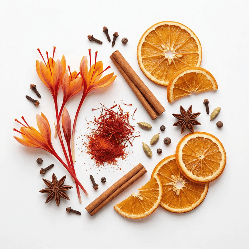 Dried orange, saffron and warming spices representing the Moroccan Spice candle fragrance