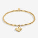 Full view of Joma Jewellery A Little Mother & Daughter Bracelet, gold-plated beaded stretch Bracelet with double heart charm.