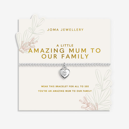 Joma Jewellery A Little Amazing Mum To Our Family Bracelet on sentiment card with floral sprig design, silver-plated Bracelet gift for Mum.