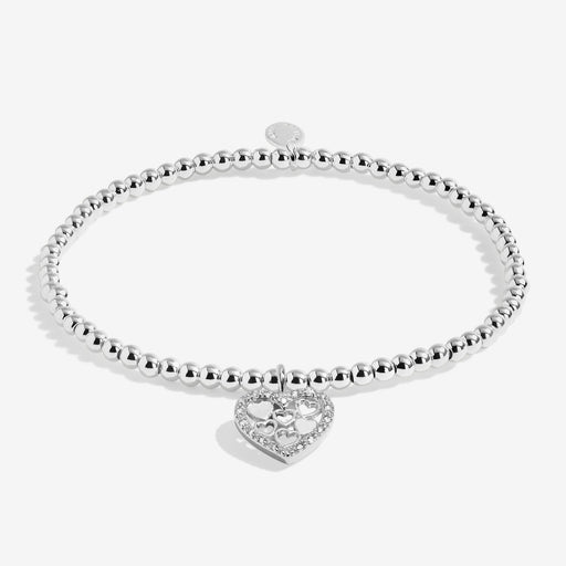 Full view of the Joma Jewellery A Little Just For You Mum Bracelet, silver-plated beaded stretch Bracelet with heart charm.