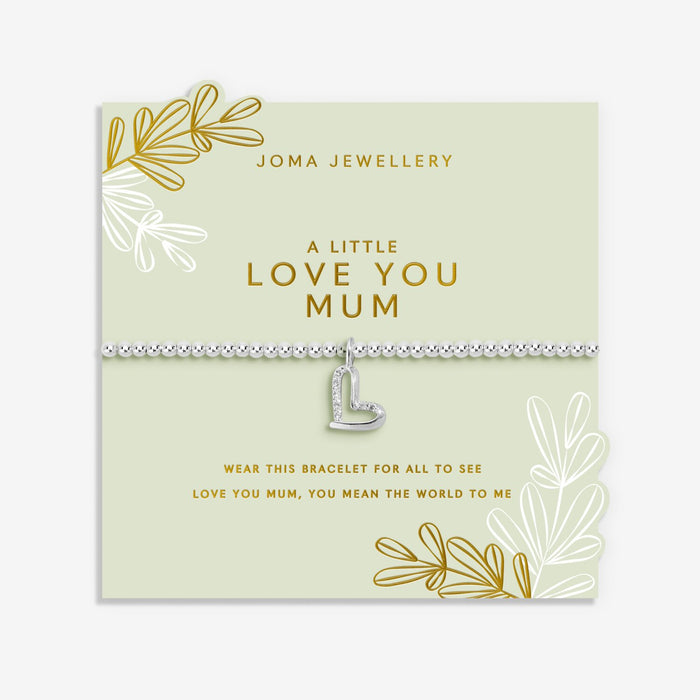 Joma Jewellery A Little Love You Mum Bracelet presented on green sentiment card with floral sprig design, silver-plated Bracelet gift.