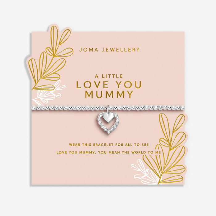 Joma Jewellery A Little Love You Mummy Bracelet presented on a pink sentiment card with floral sprig design, Mother’s Day gift.