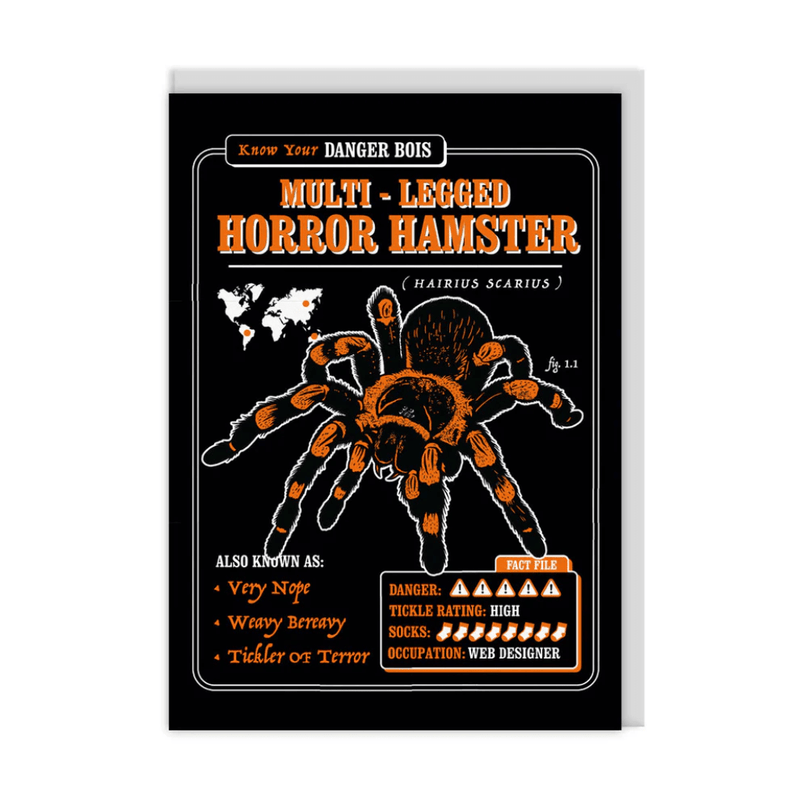 Funny Multi-Legged Horror Hamster greeting card with orange tarantula spider on black, parody danger fact file
