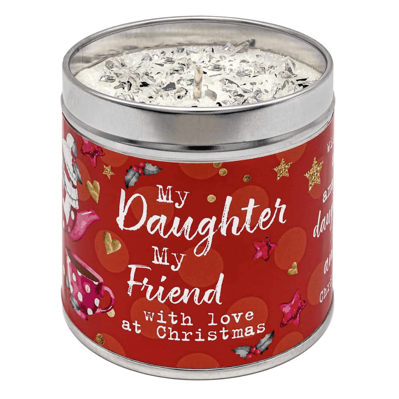 Red My Daughter My Friend Christmas candle tin with glittering wax top, Cranberries & Orange scent and 50-hour burn time.