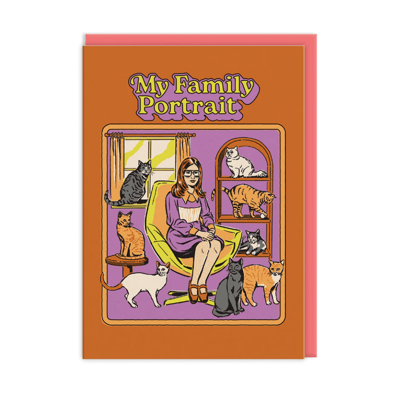 Retro My Family Portrait greeting card featuring woman in green chair surrounded by eight cats on orange and purple frame
