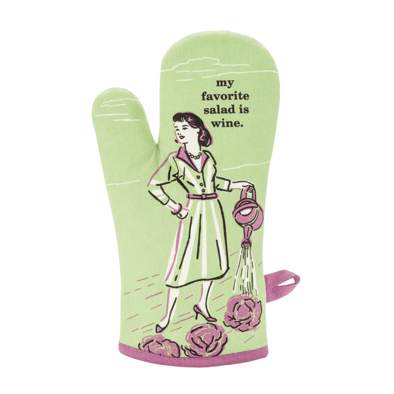 Front of Blue Q My Favorite Salad Is Wine oven mitt with retro gardening illustration