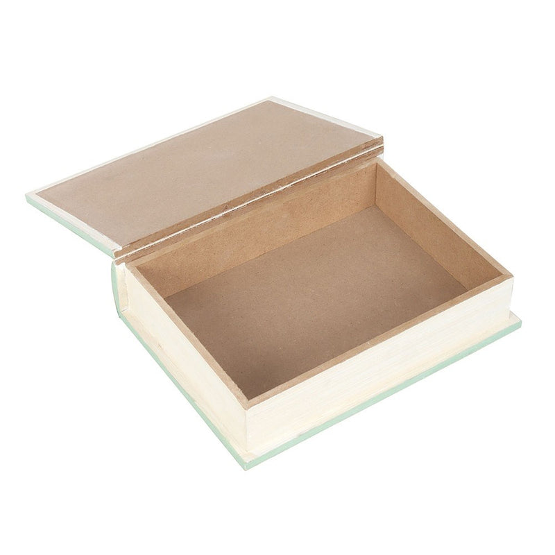 Front view of green Myths Fairy Tales and Legends book shaped storage box