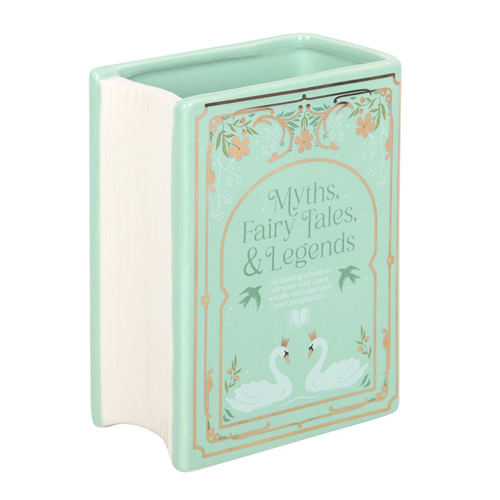 Front view of Myths Fairy Tales and Legends green book shaped vase