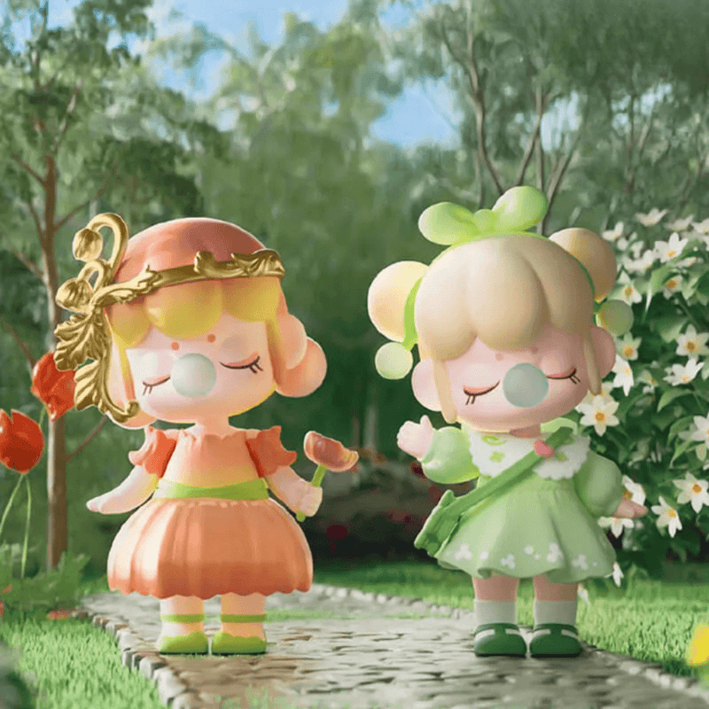 Corn Poppy & Lucky Clover figures walking a garden path, orange dress and green clover outfit side‑by‑side
